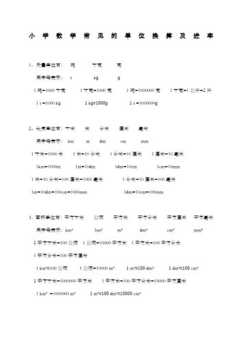 小学数学常见的单位换算及进率 1,质量单位有:吨千克 克 用字母表示