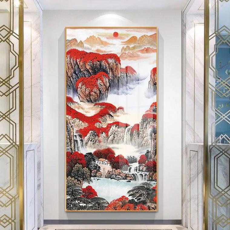 玄关装饰画镇宅画旺宅招财风水画竖版山水画晶瓷镶钻鸿运当头挂画